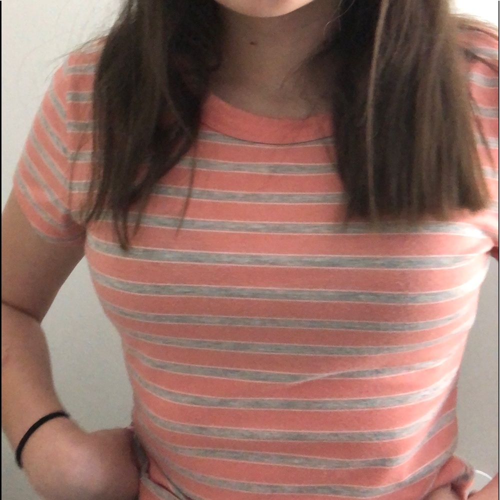 a striped tee shirt